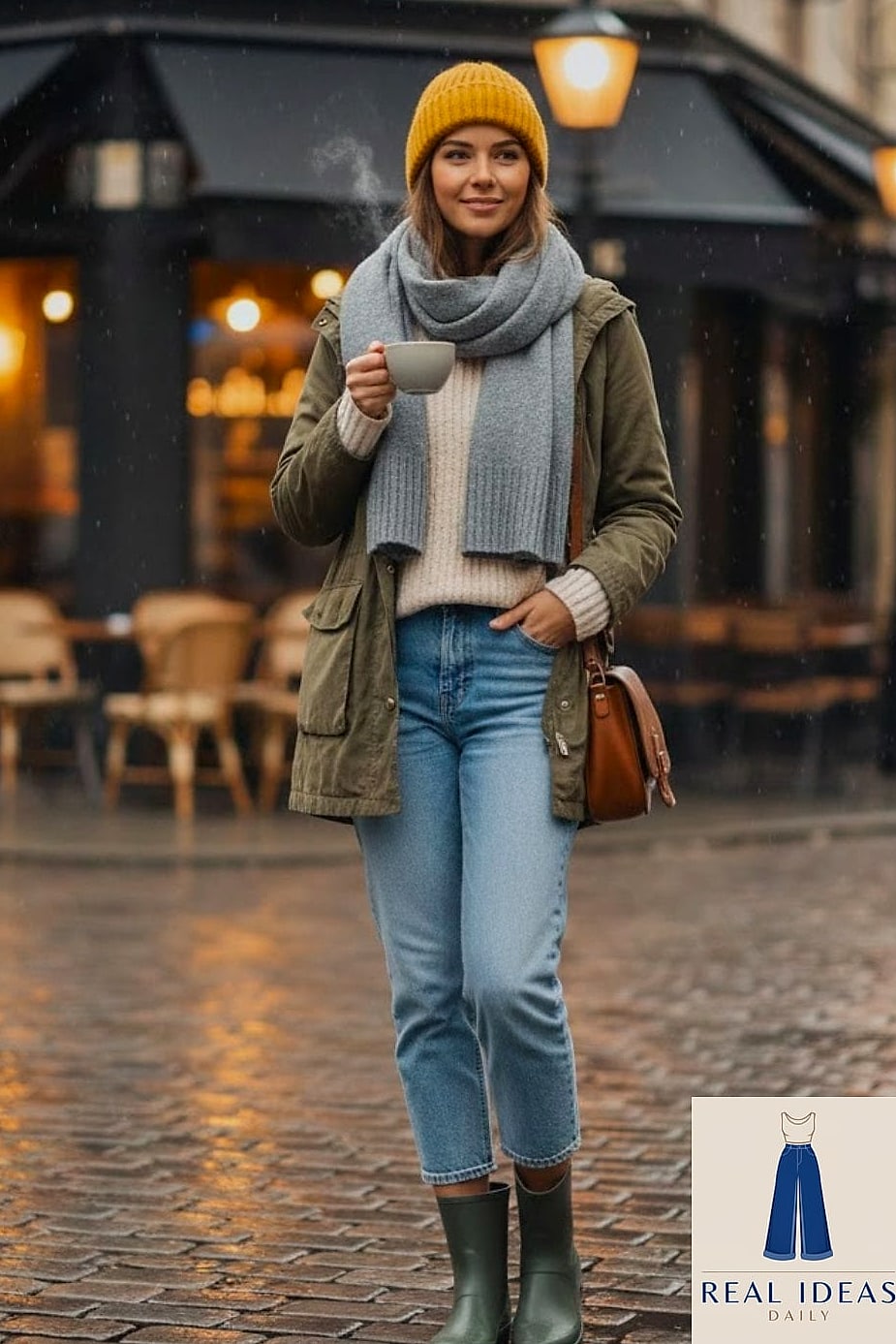 Rain Boots with a Cropped Denim Jacket and Mini Skirt