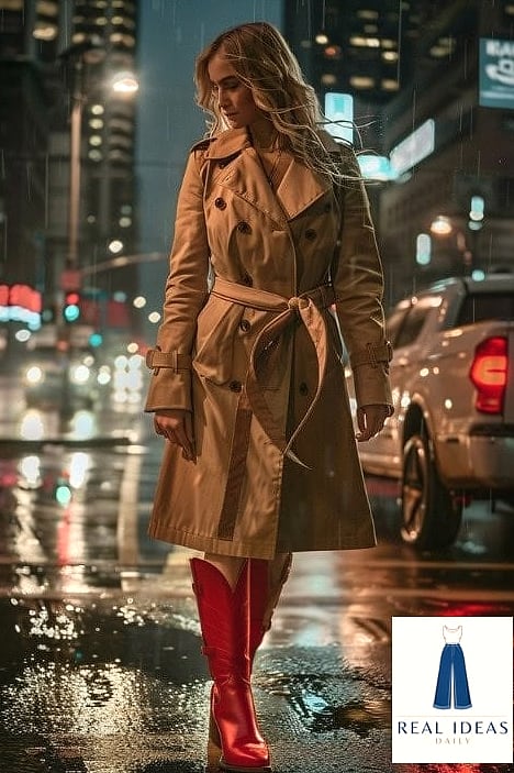 21 Red Boots Outfit Every Woman Needs to See 2 Red Boots With a Camel Trench Coat