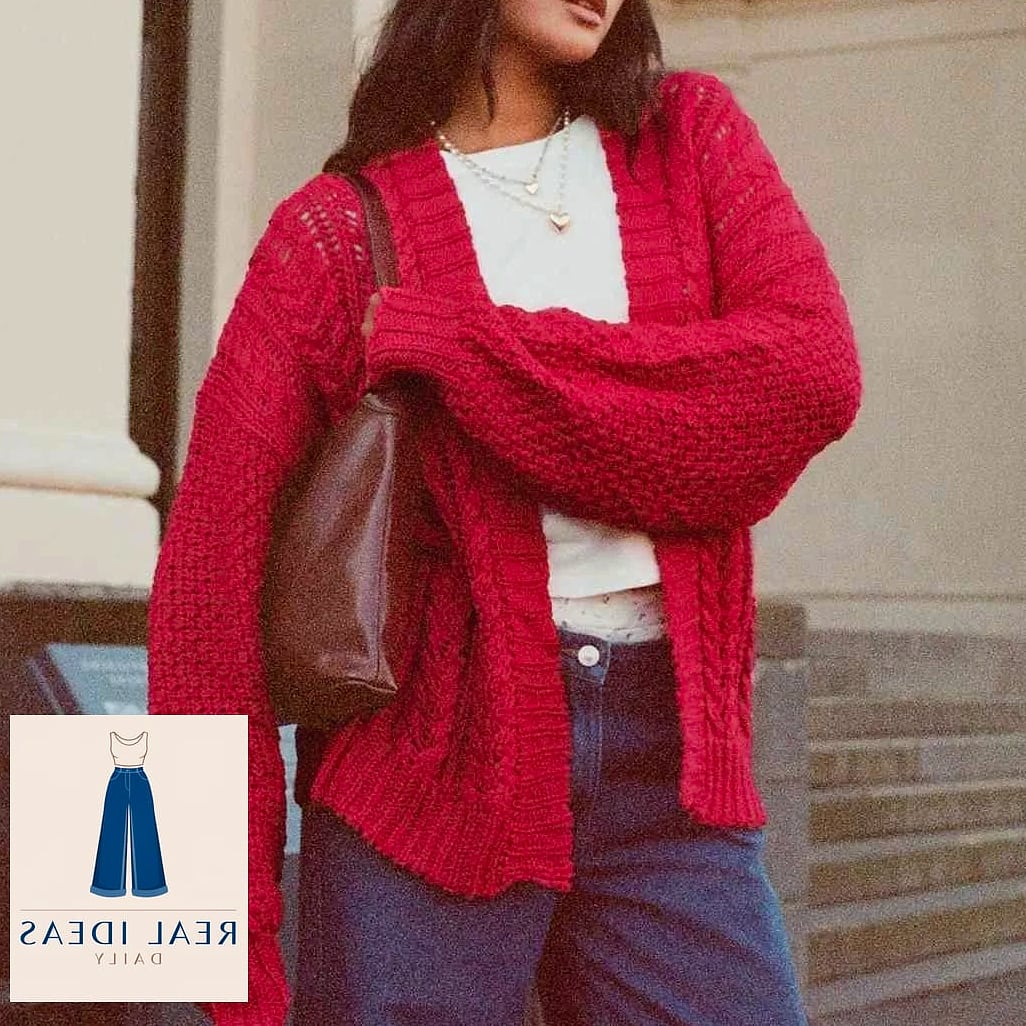 27 Red Dress Outfit That Are Trending Right Now 9 Red Dress with an Oversized Cardigan