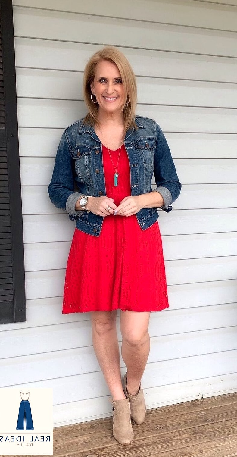 27 Red Dress Outfit That Are Trending Right Now 11 Red Dress Paired with Denim Jacket for a Casual Twist