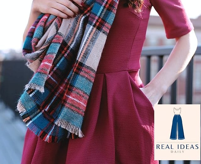 27 Red Dress Outfit That Are Trending Right Now 20 Red Dress and Plaid Scarf Combo