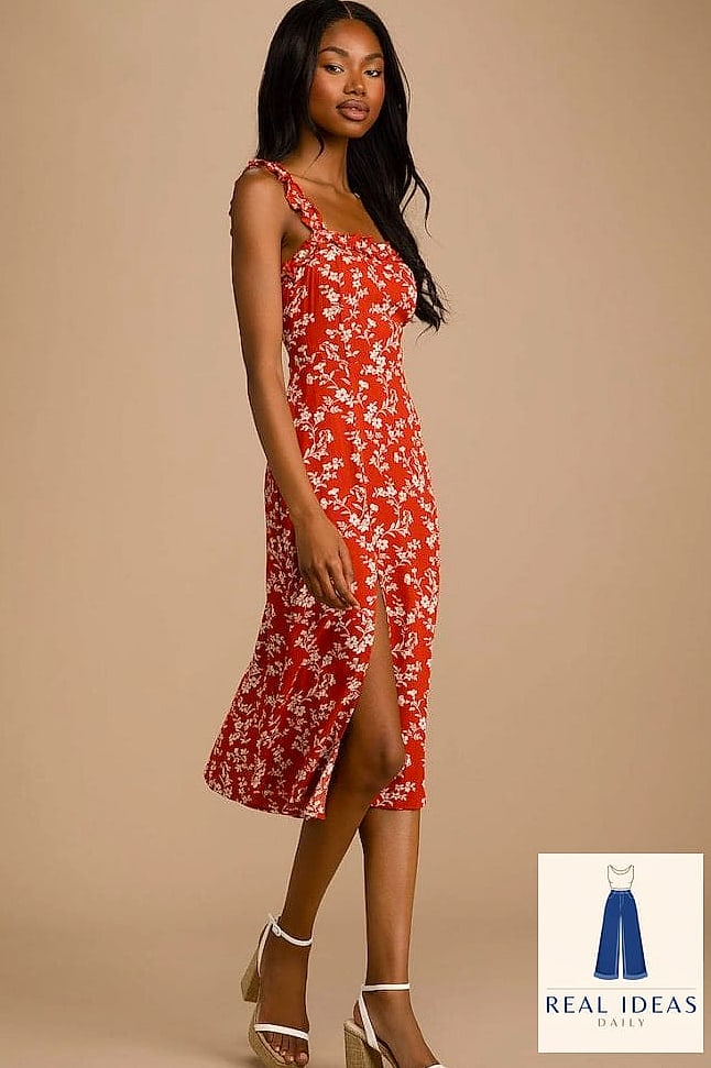 27 Red Dress Outfit That Are Trending Right Now 23 Red Dress and White Sneakers for Casual Daytime Wear
