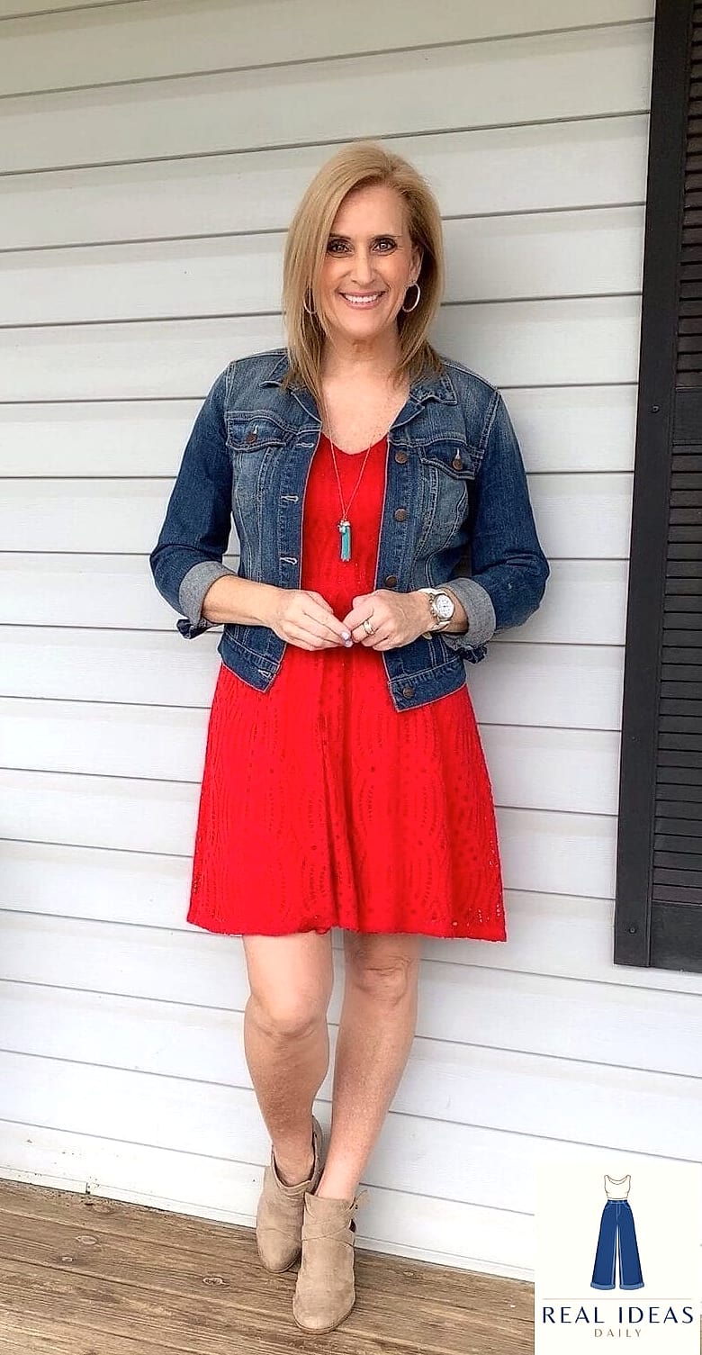 27 Red Dress Outfit That Are Trending Right Now 29 Red Dress and Denim Jacket for a Rodeo or Western Night