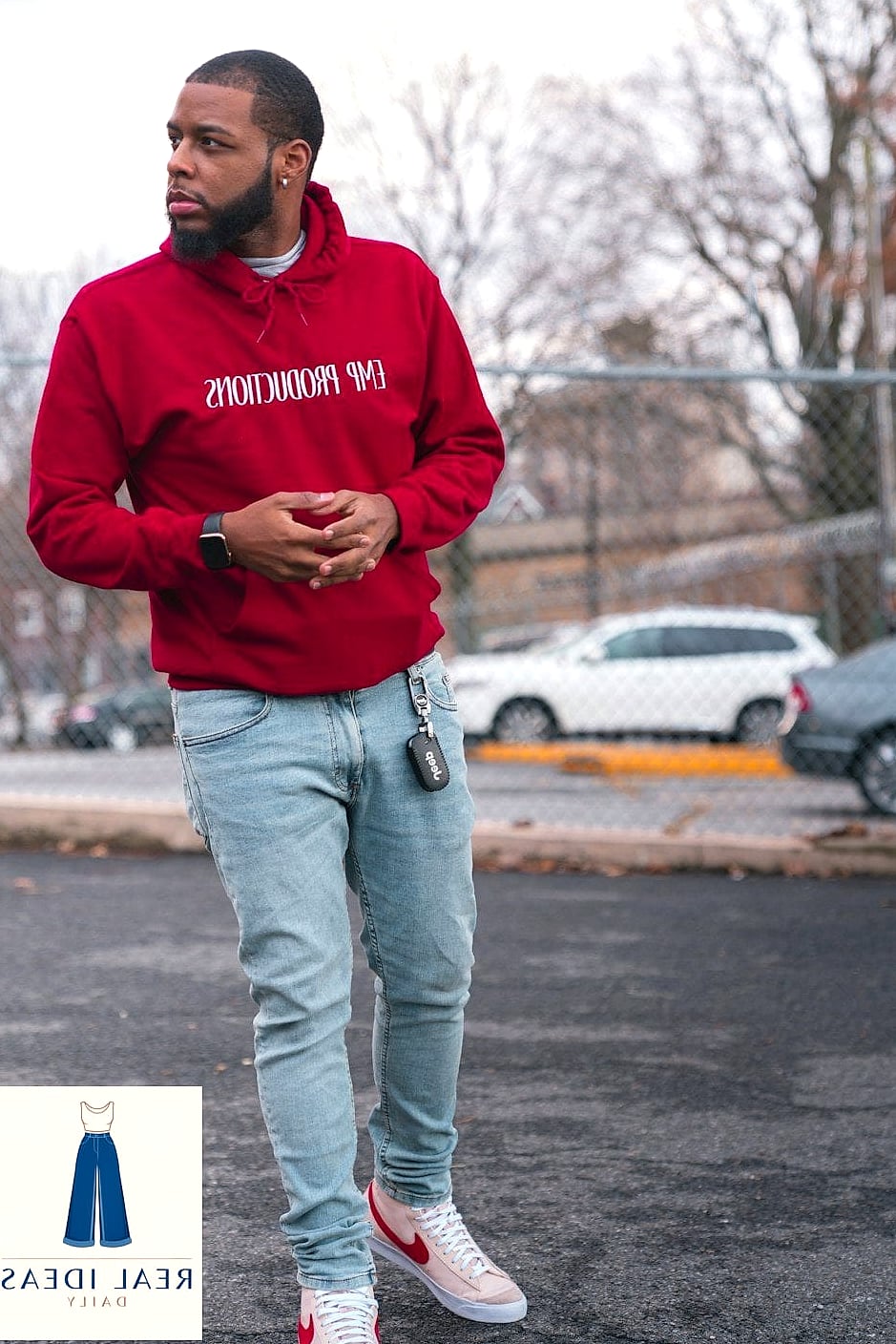 Red Hoodie Layered Under a Denim Jacket