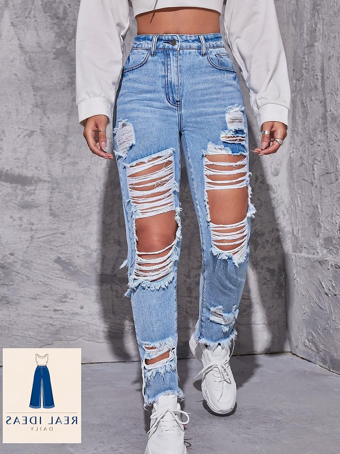 Ripped Baggy Jeans With Raw Hem