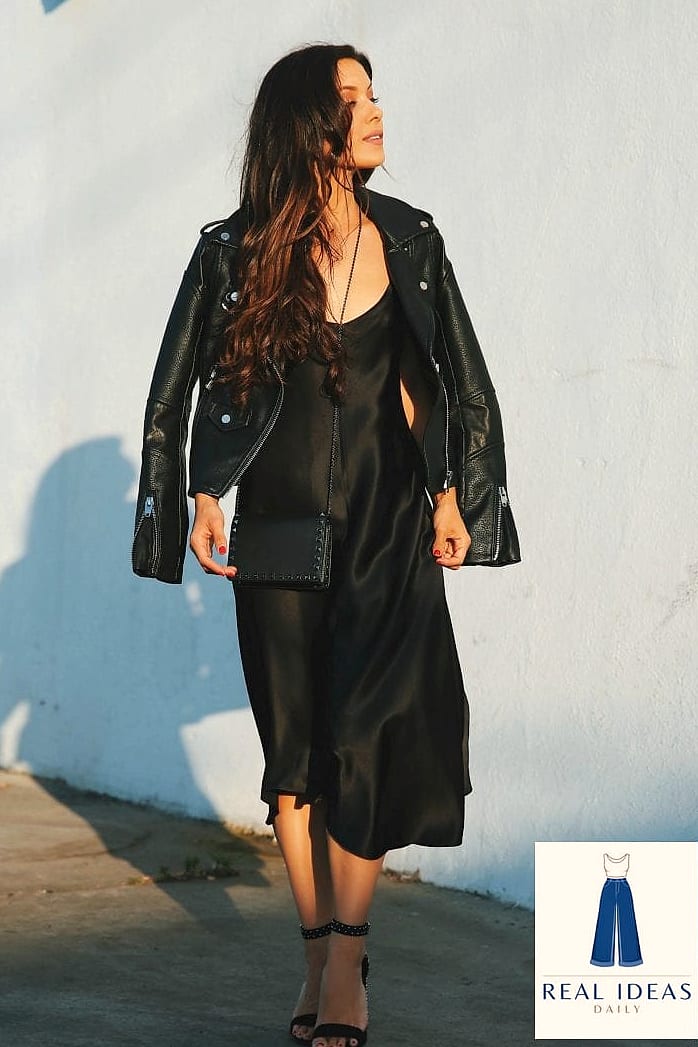 21 Silk Dress Outfit Worth Bookmarking Right Now 18 The Silk Dress and Leather Jacket Pairing