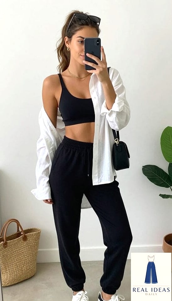 Sports bra and sweatpants with an open flannel
