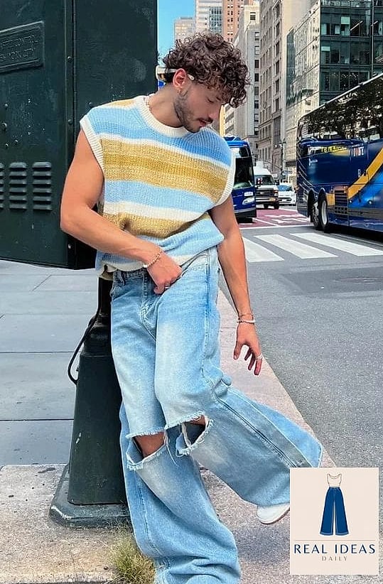 29 Baggy Jeans Outfit That Will Transform Your Look 31 Sweater Vest & Button-Down With Baggy Jeans for Preppy Style