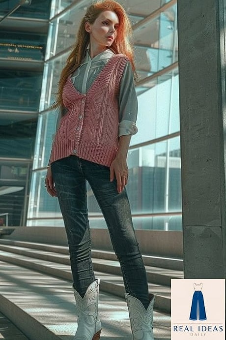 25 Cowgirl Boots Outfit That Are Breathtakingly Beautiful 17 Sweater Vest Layered Over a Button-Down