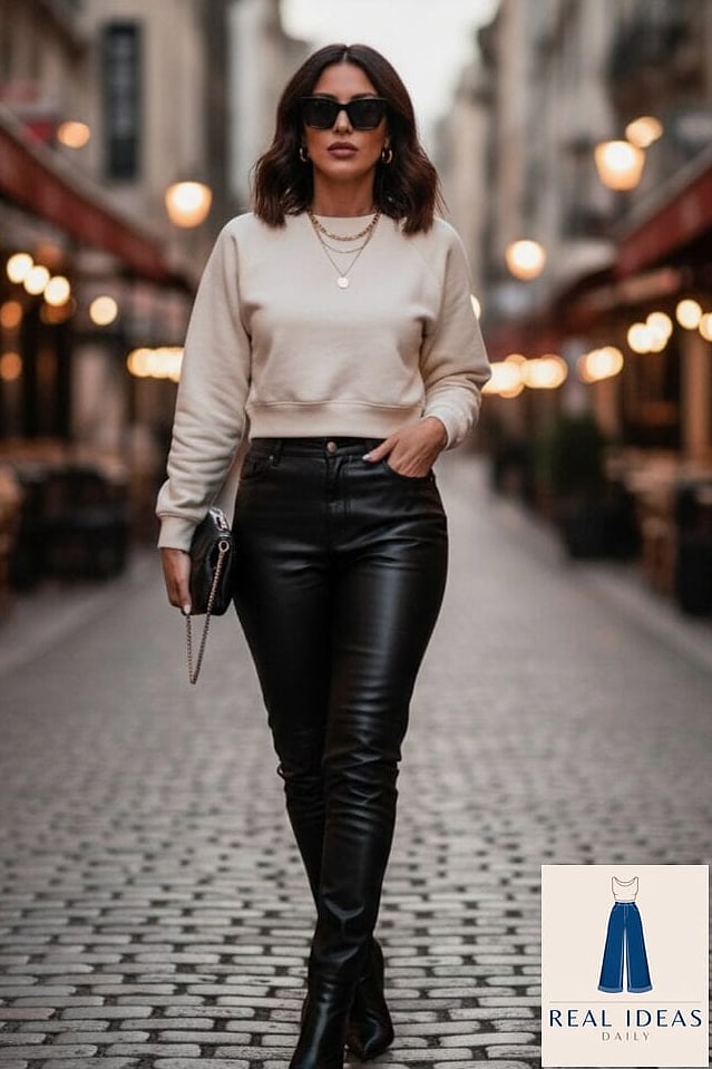 Sweatshirt Paired with a Leather Mini Skirt