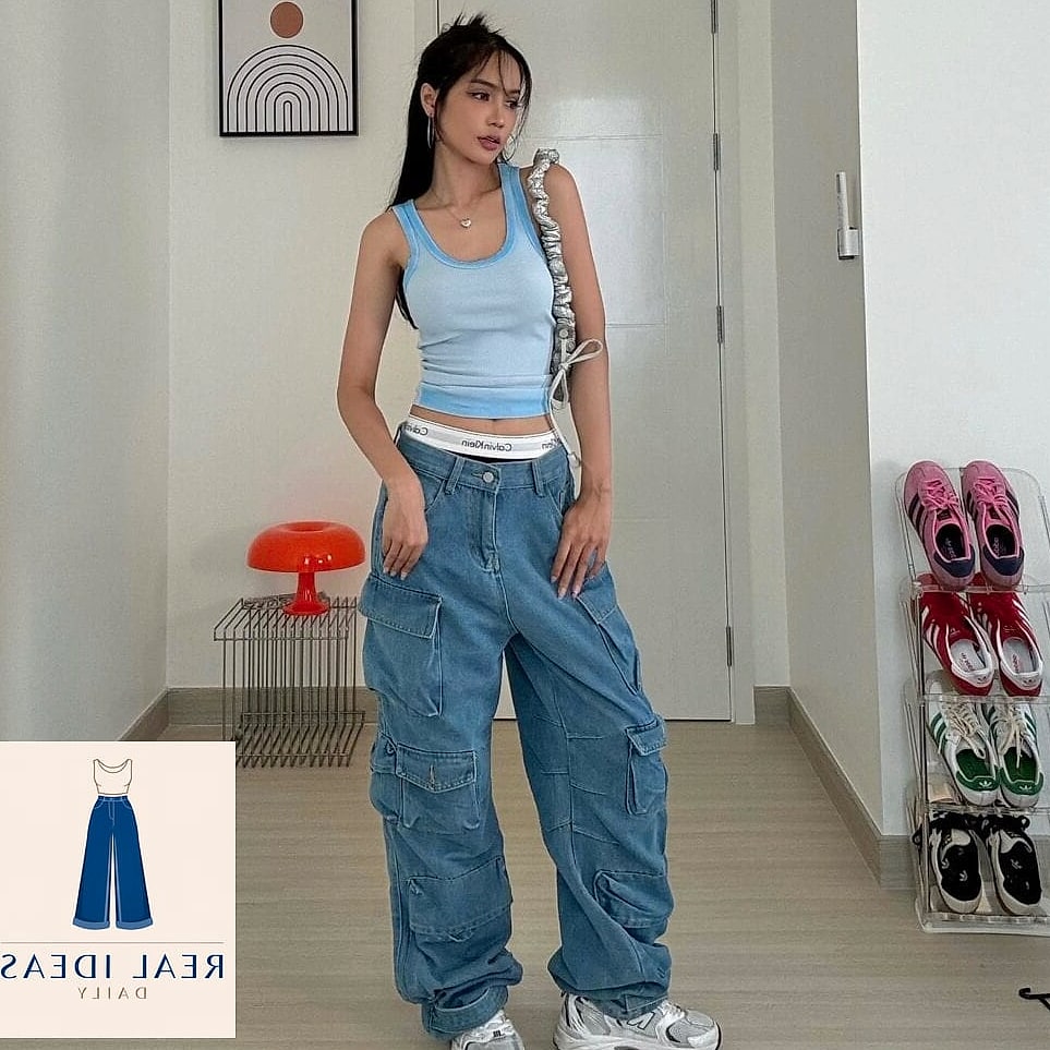 27 Light Blue Baggy Jeans Outfit That Every Stylist Needs to See 19 Tank Top and Denim on Denim with a Twist
