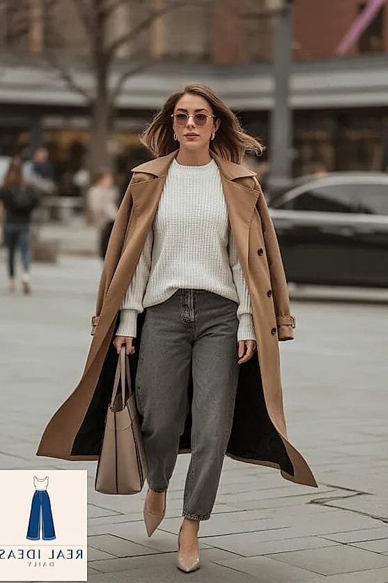 Trench Coat Over Grey Baggy Jeans for Rainy Days
