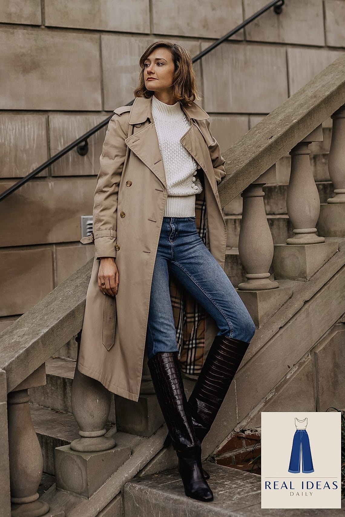21 Knee High Boots Outfit That Are Trending Right Now 7 Trench Coat Over Wide-Leg Trousers