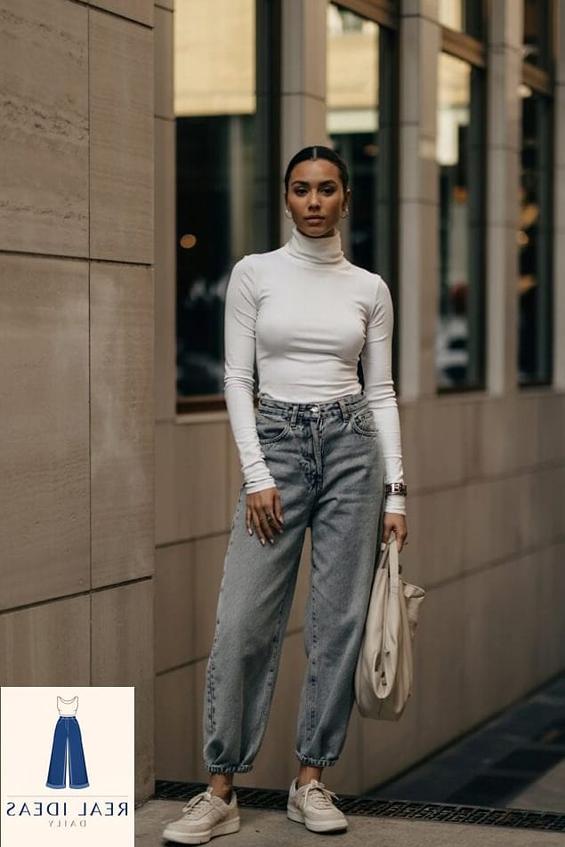 Turtleneck and Grey Baggy Jeans for Sleek Minimalism