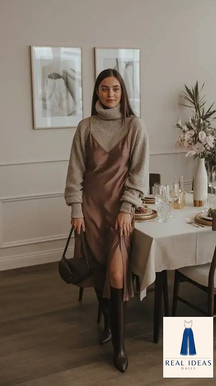 29 Winter Dress Outfit That Are Dreamy and So Inspiring 18 Turtleneck Slip Dress Combo with Chunky Boots