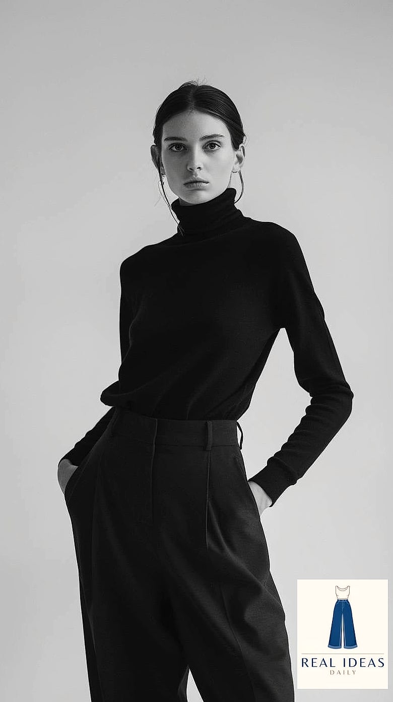 Turtleneck and sweatpants for a sleek minimalist look