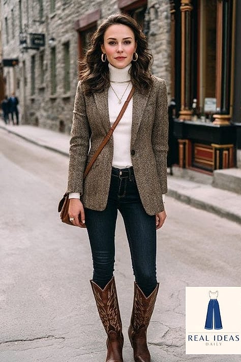 30 Cowboy Boots Outfit That Are Going Viral on Pinterest Right Now 22 Turtleneck and Tweed Skirt Set