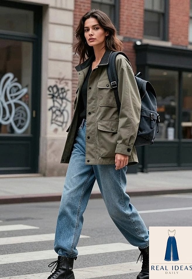 29 Baggy Jeans Outfit That Will Transform Your Look 27 Utility Jacket & Baggy Jeans for Functional Style