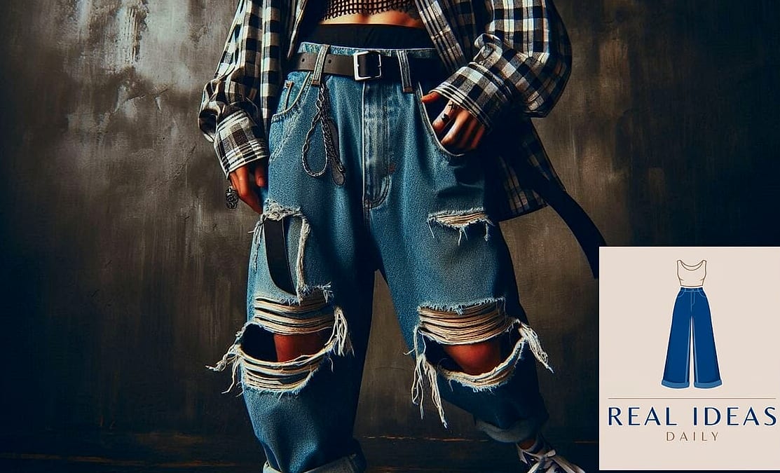 Vintage-Inspired Baggy Jeans With Whiskering and Rips