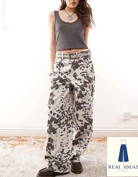 White Baggy Jeans With Animal Print