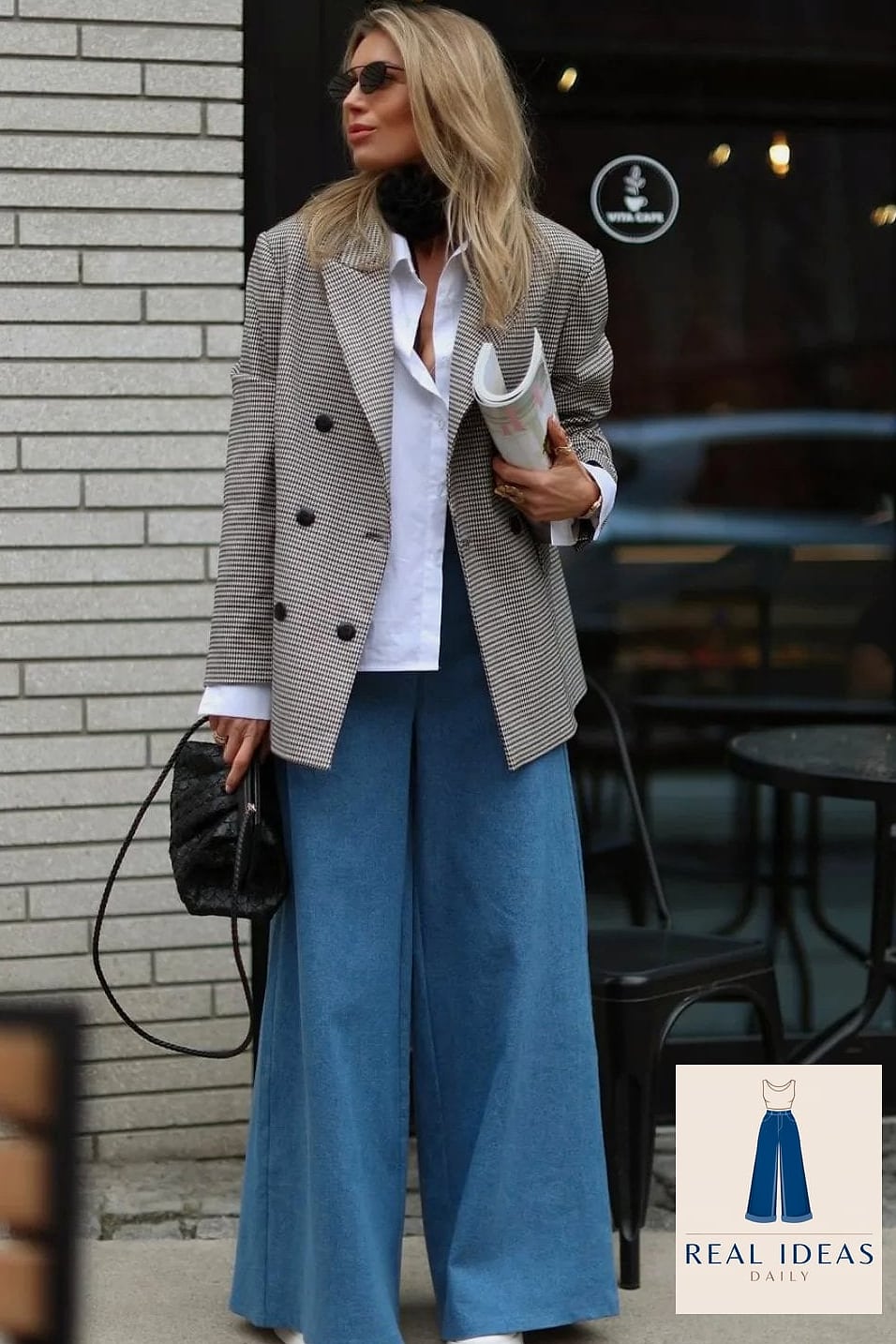 White Baggy Jeans and a Houndstooth Blazer