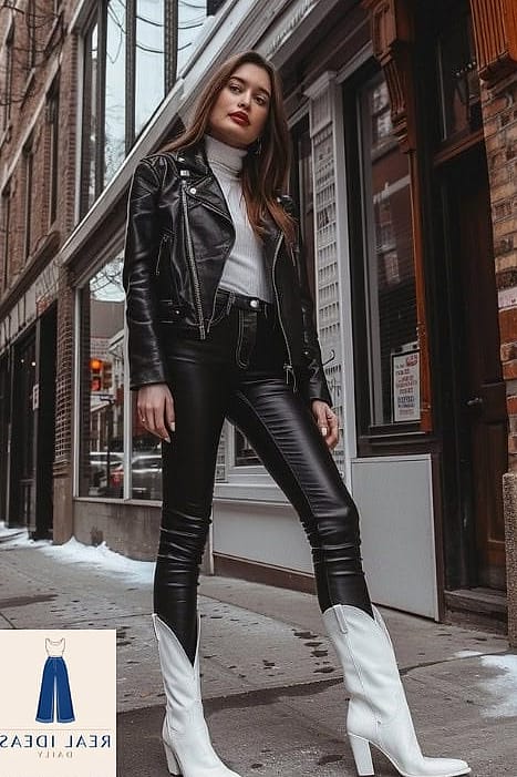 22 White Boots Outfit Worth Bookmarking Right Now 22 White Boots with a Leather Jacket and Mini Skirt