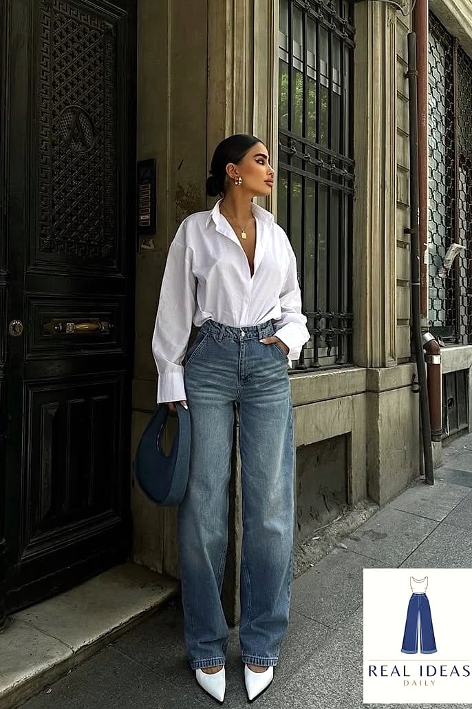 25 Dark Baggy Jeans Outfit Every Style Lover Needs to See 3 White Button-Up Shirt and Light Blue Baggy Jeans