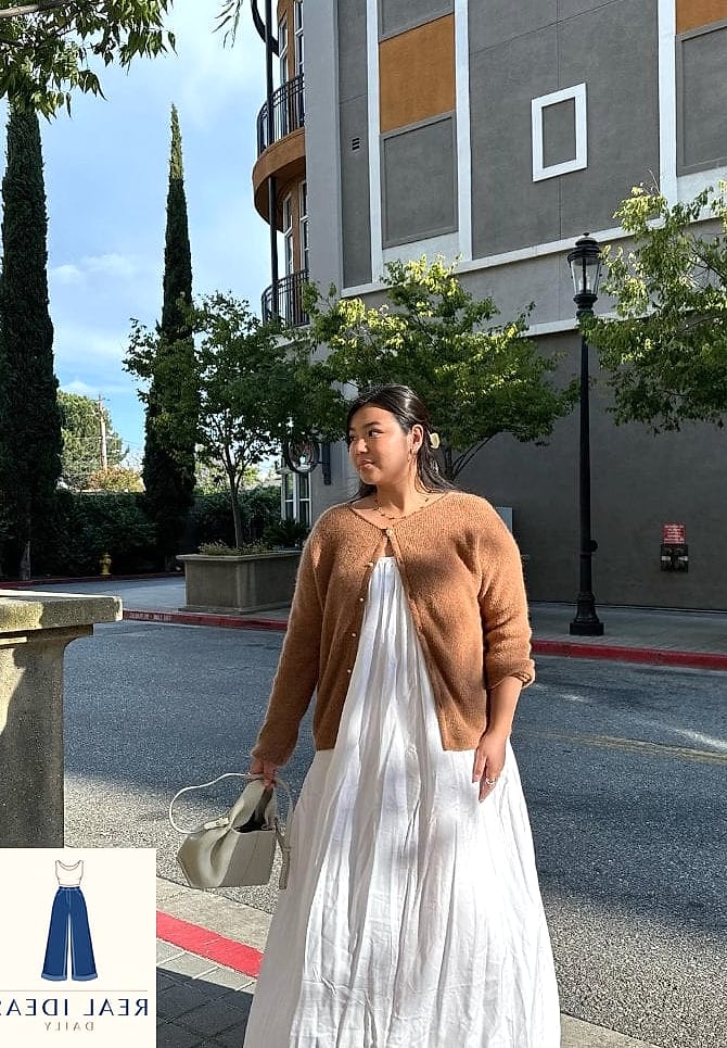 26 White Dress Outfit That Are Absolutely Stunning 14 White Dress With an Oversized Cardigan
