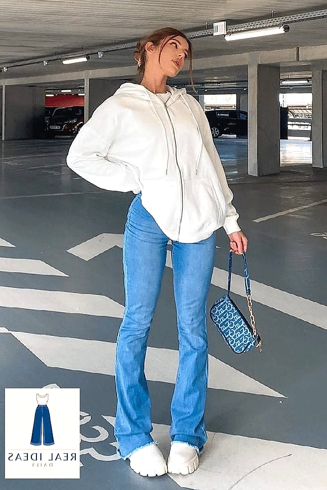 White Hoodie and Flare Jeans