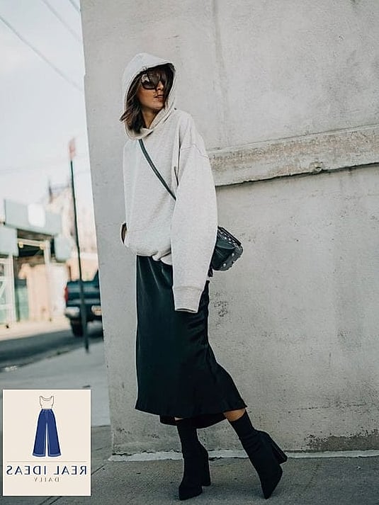 White Hoodie with a Midi Skirt