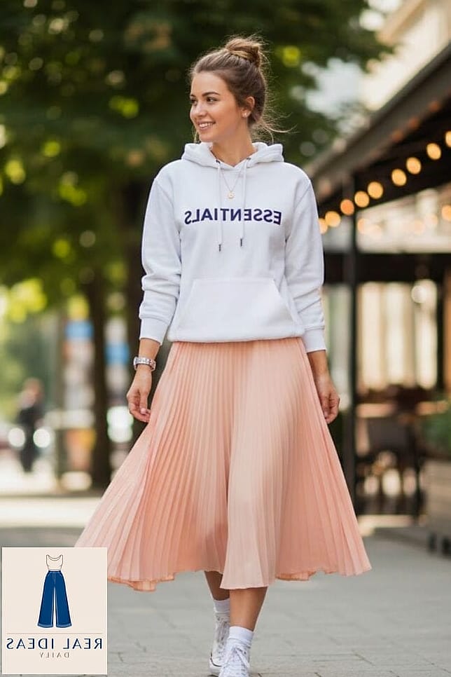 White Hoodie and Pleated Skirt