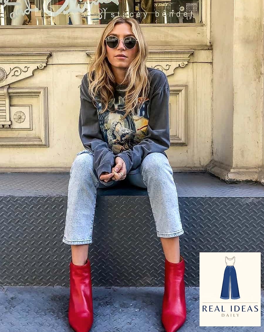 21 Red Boots Outfit Every Woman Needs to See 7 Wide-Leg Trousers and Red Ankle Boots