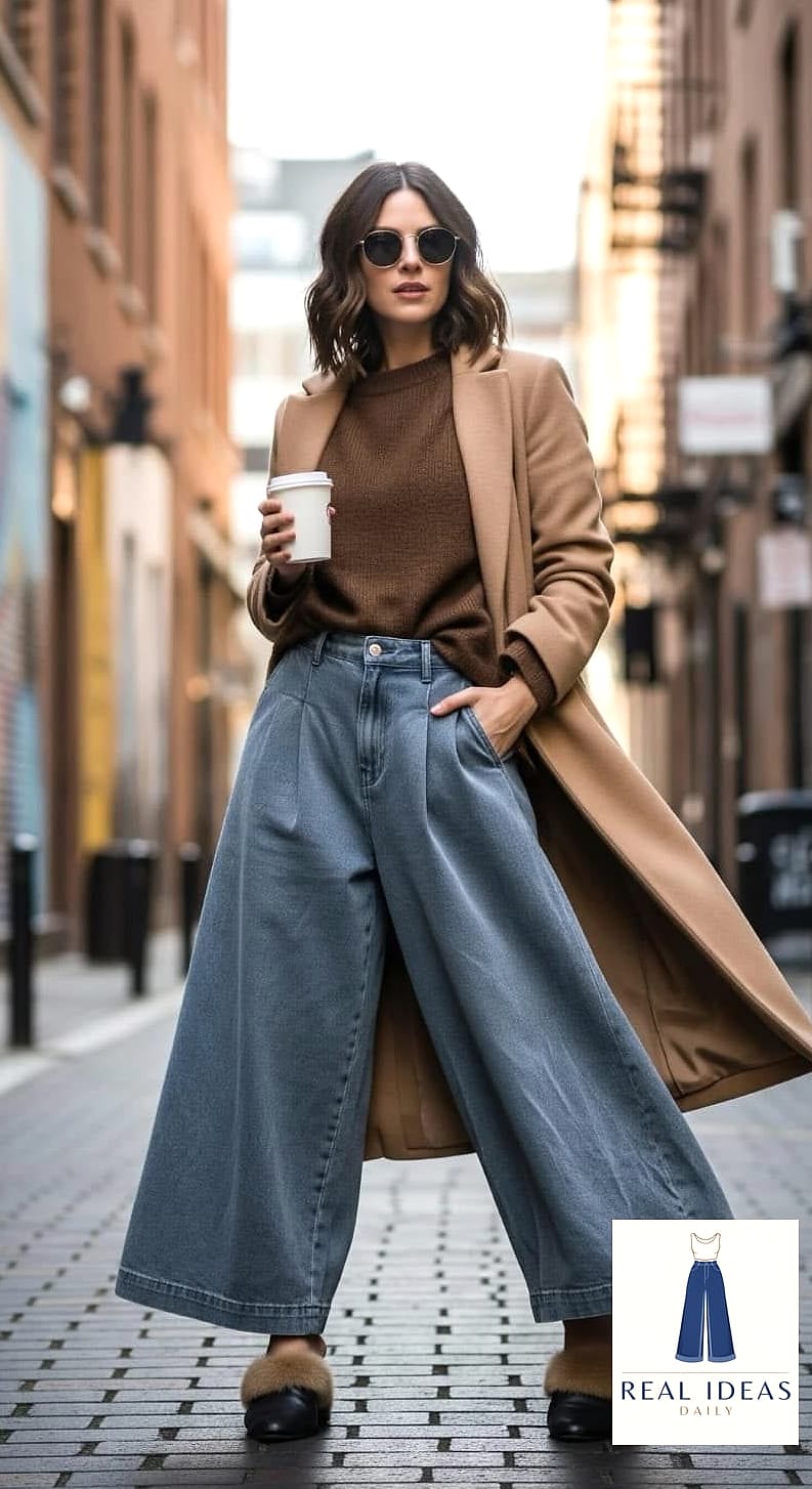 Wool Coat and Wide Leg Baggy Jeans for Office-Appropriate Style