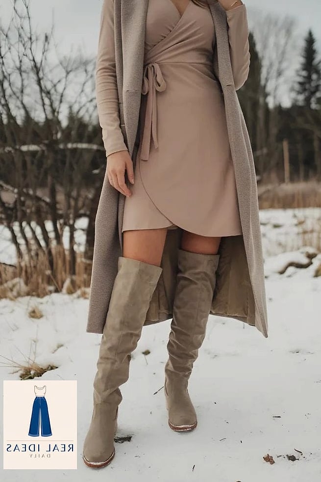 21 Knee High Boots Outfit That Are Trending Right Now 16 Wrap Dress and Knee High Boots