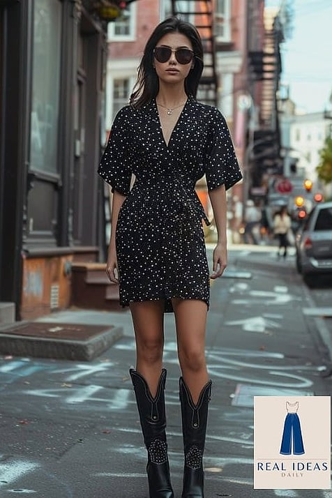 22 Black Cowboy Boots Outfit That Are Dreamy and So Inspiring 6 Wrap Dress and Denim Jacket