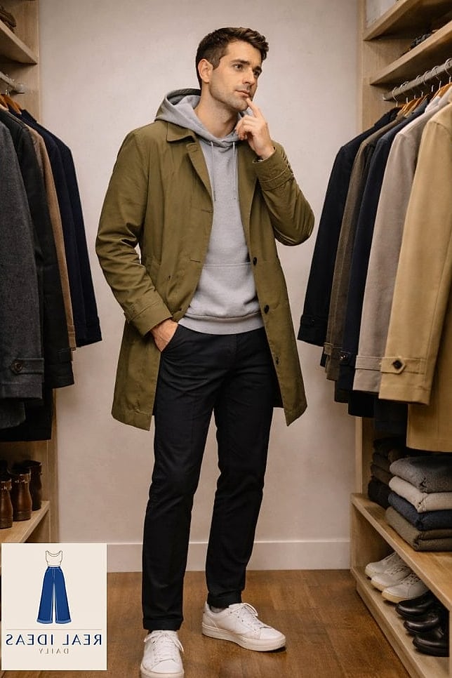 Zip Up Hoodie Layered Under a Trench Coat